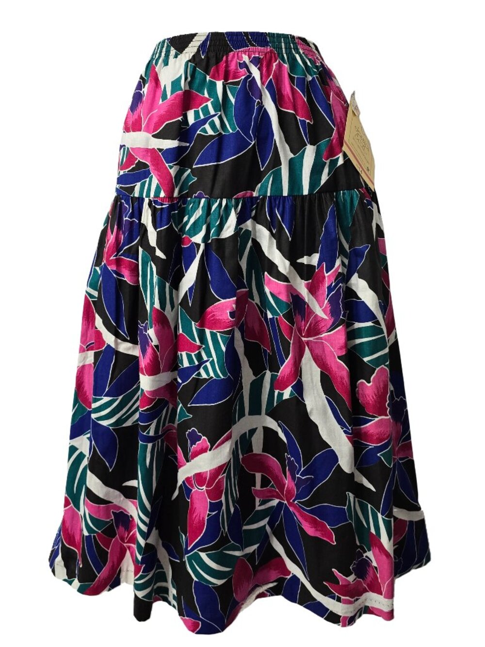 Vintage Tiered Tropical Floral Skirt 14 Elastic Waist Pull On Black 80s Beach